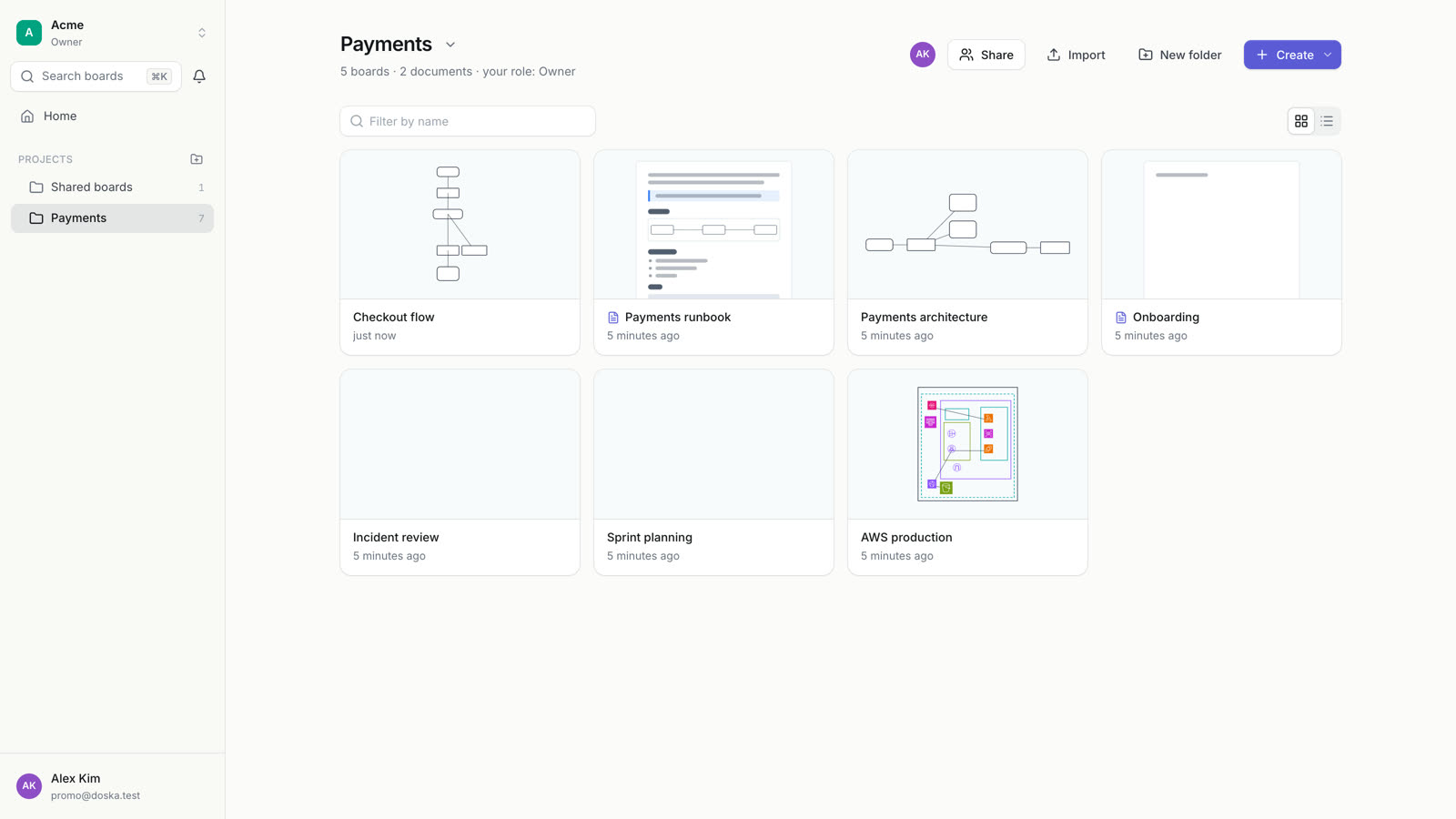 Project page with folders, boards and documents