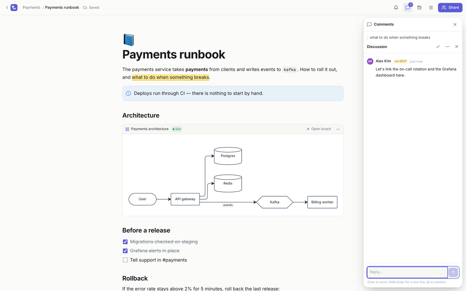 A document with a live diagram from a board and a comment thread on the right