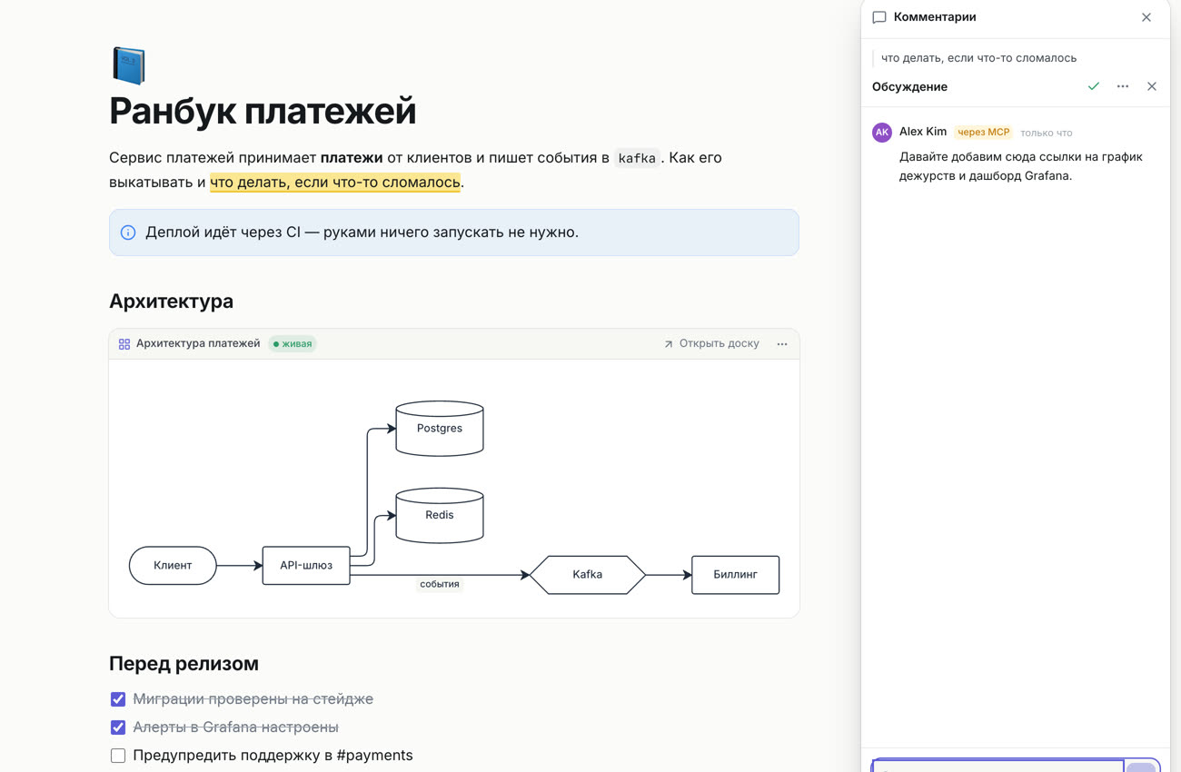 Документ в Doska: runbook платежей с живой схемой архитектуры и обсуждением